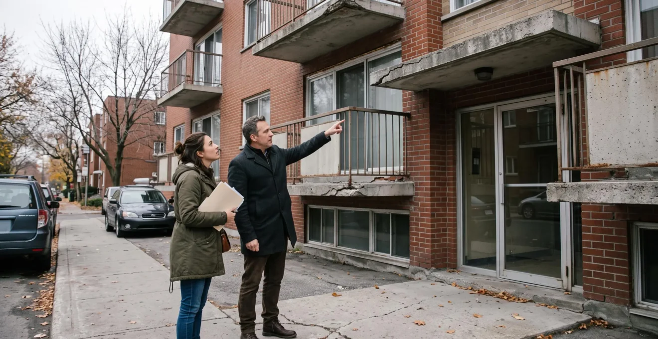 Un acheteur et un courtier examinent la façade d'un immeuble en copropriété au Québec depuis le trottoir.