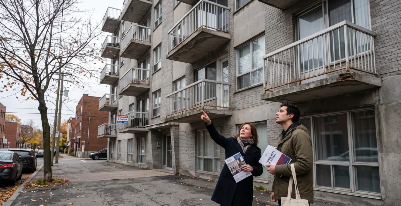 Un acheteur et un courtier examinent la façade d'un immeuble en copropriété au Québec depuis le trottoir.
