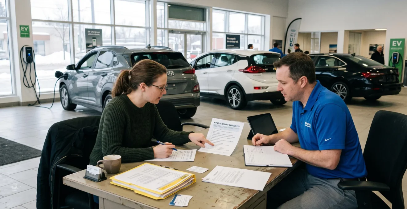 Un acheteur vérifie une liste de points avec un conseiller dans une salle de montre de concessionnaire automobile avant de signer un contrat pour un véhicule électrique.