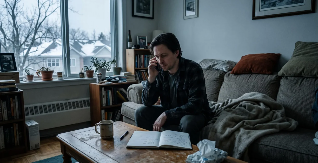 Une personne assise dans un salon en hiver parle au téléphone en consultant des notes prises dans un carnet.