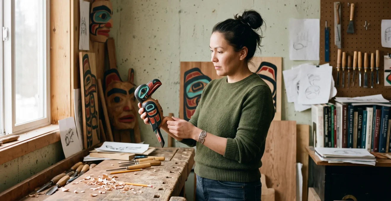 Une artisane autochtone examine une sculpture en bois qu'elle vient de terminer dans son atelier de création.
