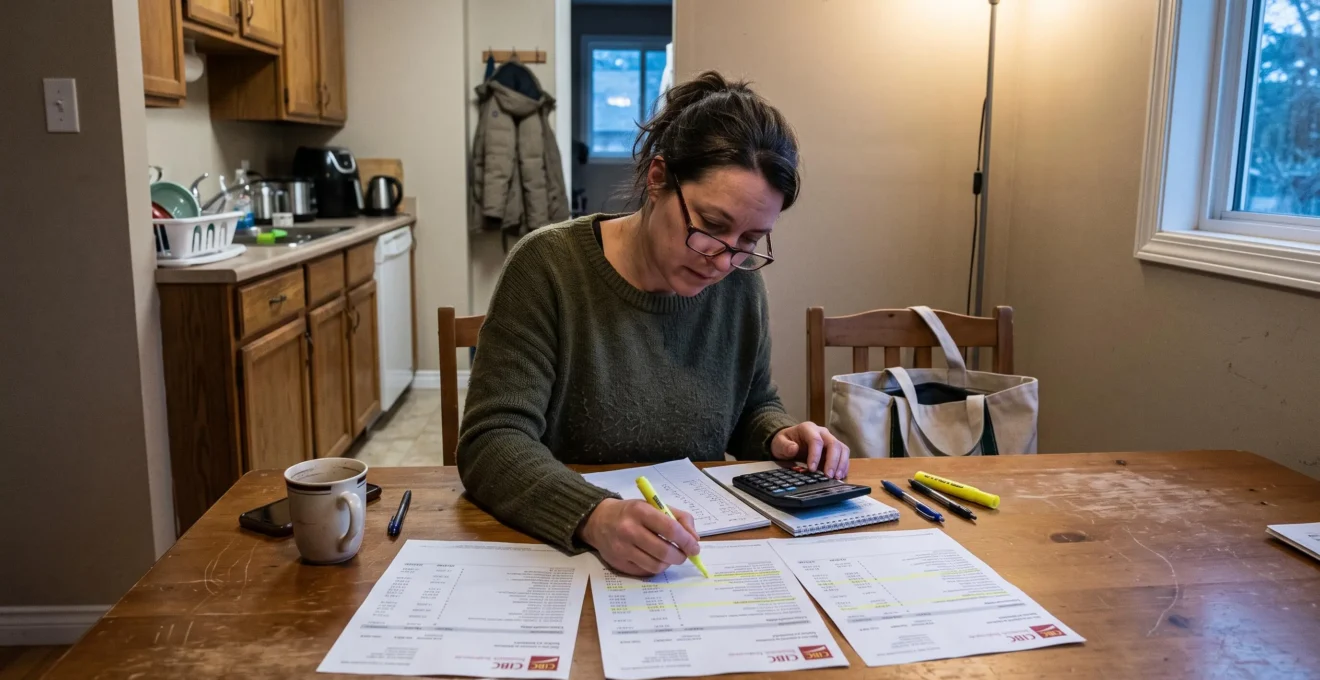 Une personne assise à une table de cuisine compare trois relevés bancaires imprimés, surlignant des prélèvements récurrents, avec une calculatrice et des notes à la main.
