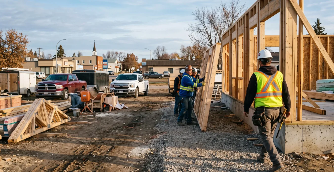 Des travailleurs de la construction montent un mur en bois sur un chantier en région, avec des camionnettes et des bâtiments commerciaux en arrière-plan.