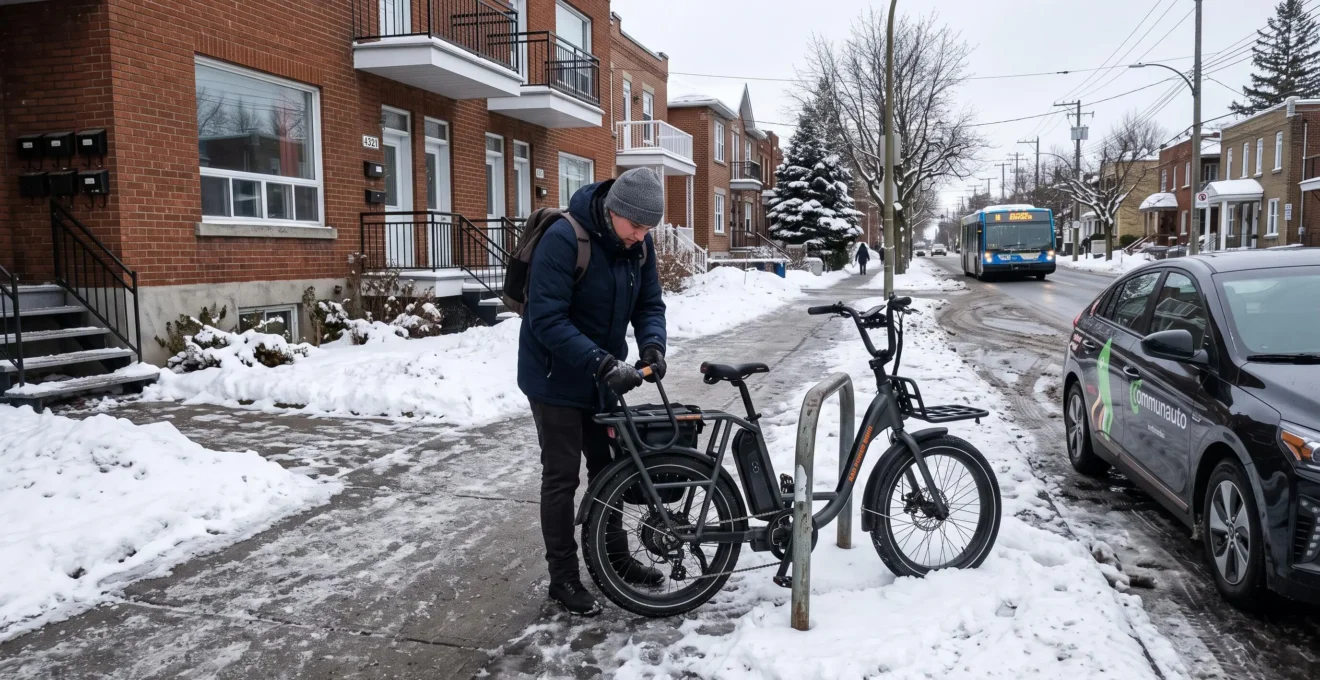 Une personne en manteau d'hiver verrouille son vélo électrique devant une rue canadienne avec neige, un autopartage stationné et un autobus au loin.