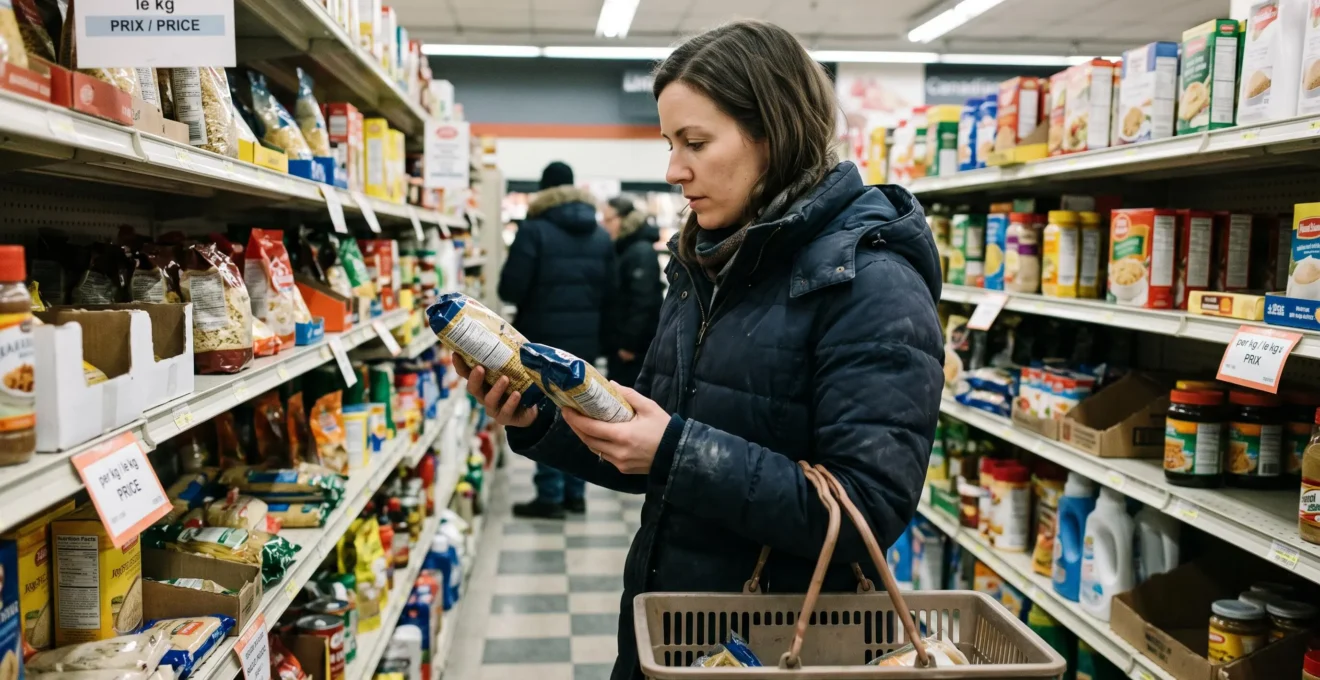 Une consommatrice compare les étiquettes de deux emballages alimentaires dans une allée d'épicerie canadienne avant de payer