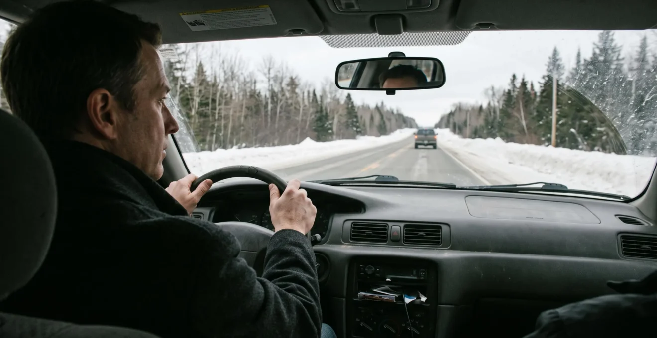 Un conducteur tient le volant à deux mains sur une route canadienne bordée de congères en hiver, avec la chaussée droite visible devant le pare-brise.