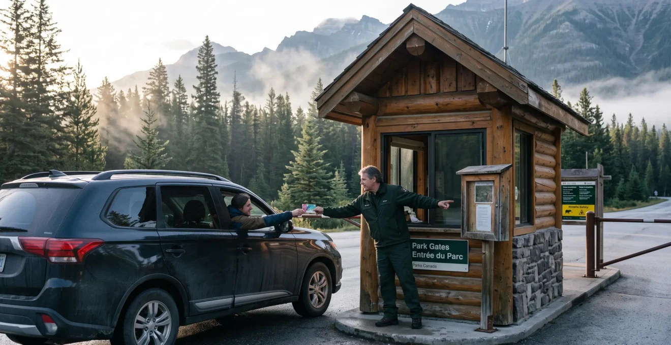 Un visiteur présente son laissez-passer annuel à l'agent au poste d'entrée d'un parc national canadien au lever du jour.