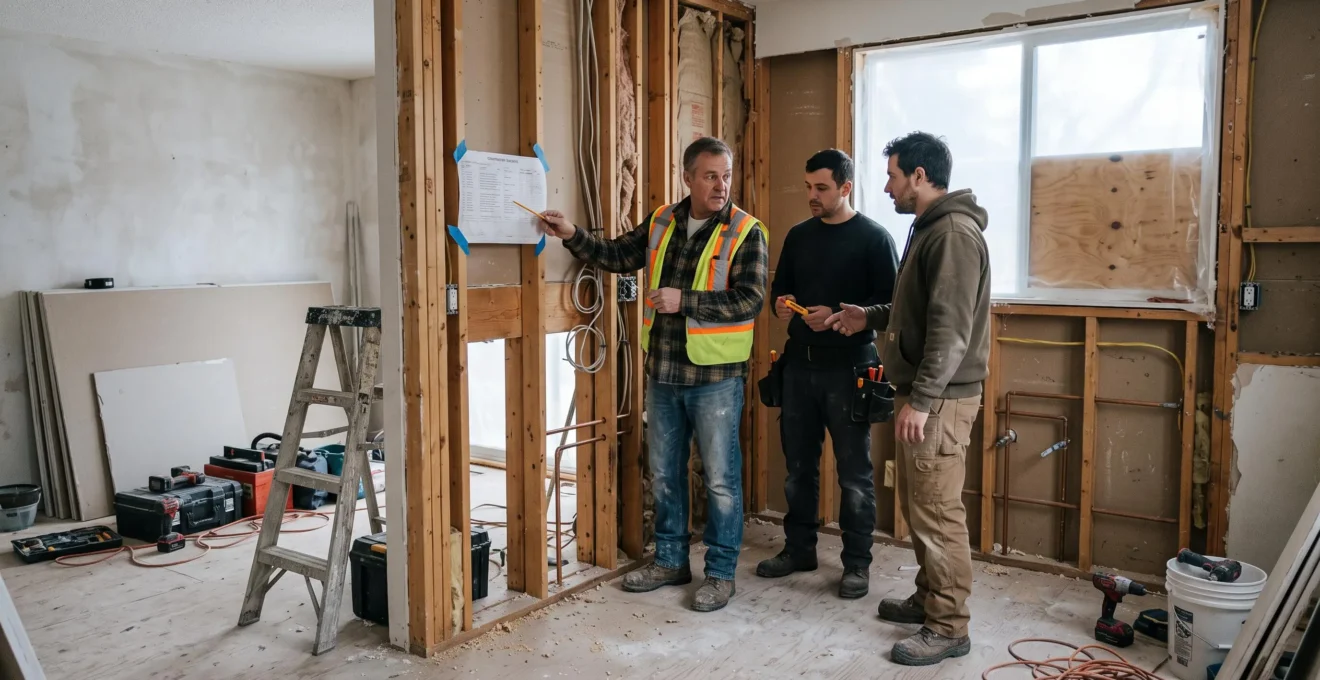 Un entrepreneur général et deux ouvriers examinent un calendrier de chantier fixé sur une cloison ouverte en cours de rénovation de cuisine.