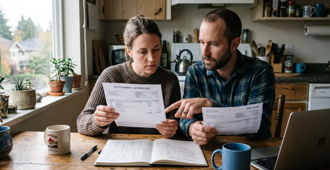Un couple assis à une table de cuisine compare deux bulletins de paie, un carnet de notes et un ordinateur portable devant eux.
