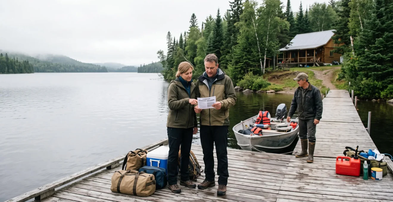 Un couple examine une liste du forfait de pourvoirie sur un quai devant un chalet et une barque de pêche au Québec.