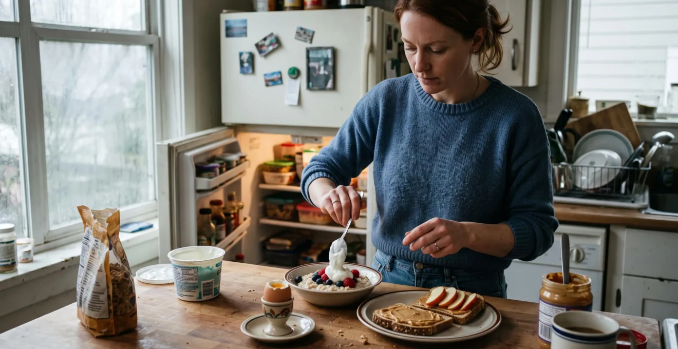 Une personne prépare un déjeuner équilibré composé de flocons d'avoine, de yogourt, de fruits et d'un œuf sur un comptoir de cuisine familial.