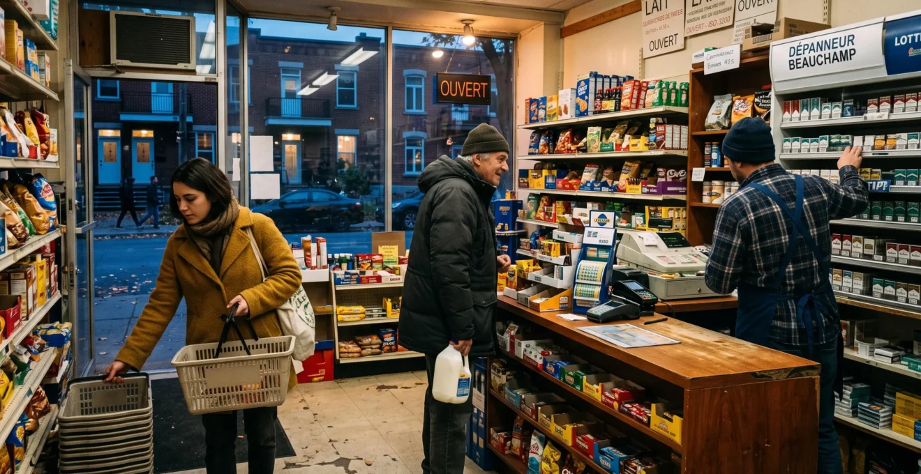 Un client et un employé échangent un signe de reconnaissance dans une petite épicerie de quartier montréalaise en fin de journée.