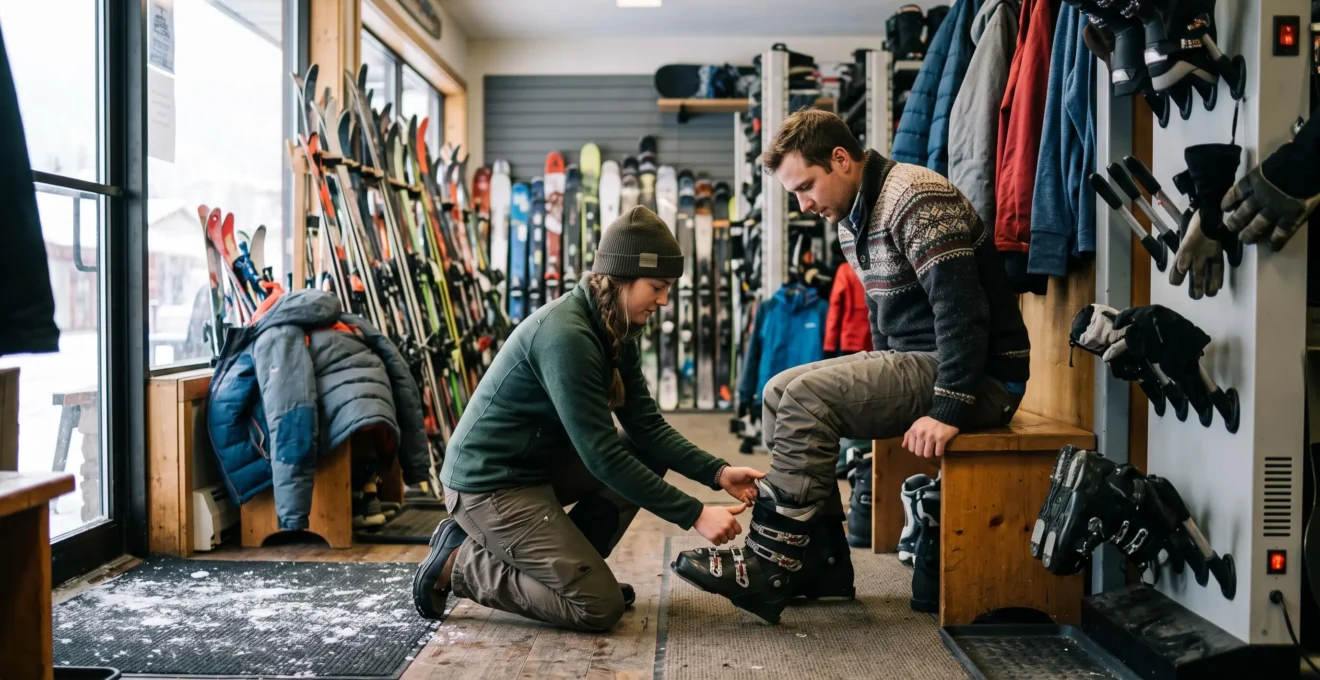Un employé de boutique de ski vérifie l'ajustement du talon d'une botte de ski portée par un client débutant dans un magasin d'équipement d'hiver.