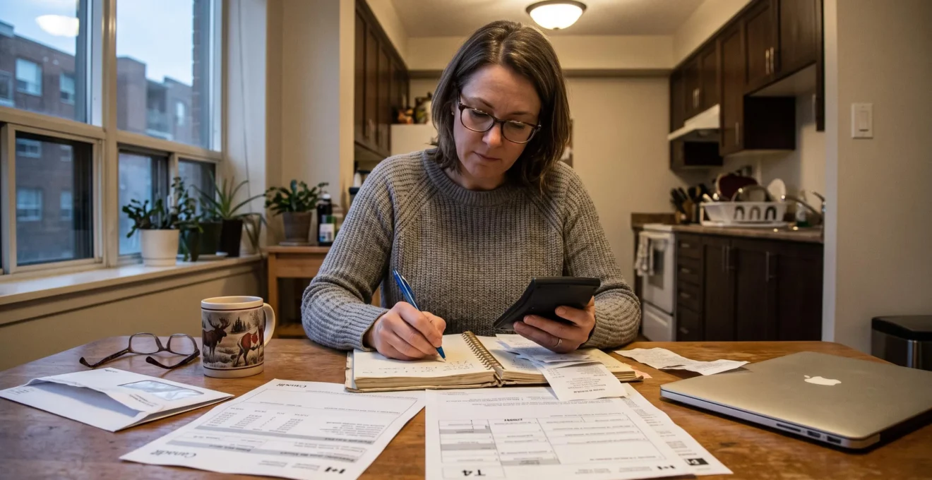 Une employée assise à sa table de cuisine compare un talon de paie, un avis fiscal et une calculatrice pour estimer sa cotisation de retraite.