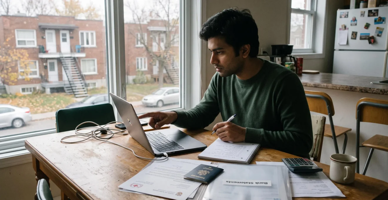 Un futur étudiant vérifie sur son ordinateur portable une liste officielle d'établissements, entouré de sa lettre d'admission, de son passeport et de ses relevés bancaires à une table de cuisine.