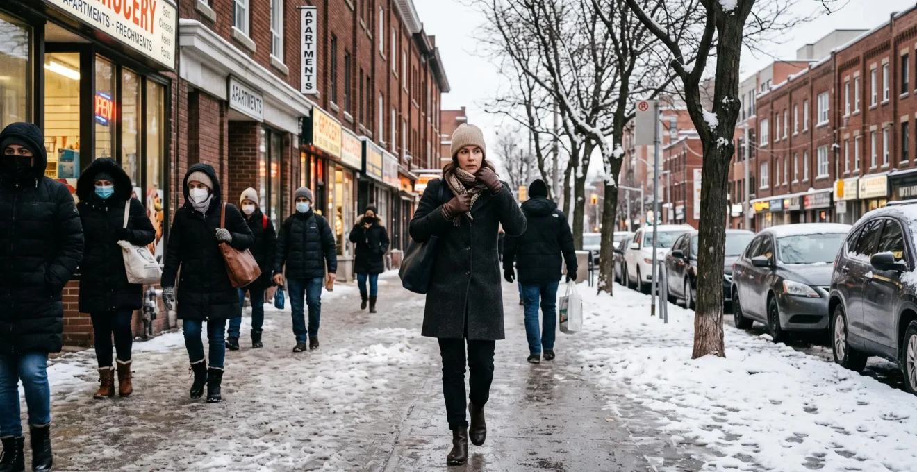 Une femme en manteau d'hiver et tuque marche sur un trottoir enneigé d'une ville canadienne en ajustant son écharpe.