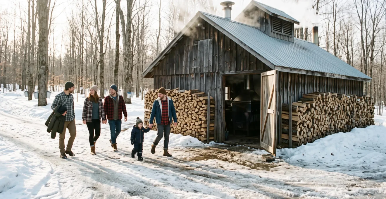 Un groupe de quatre personnes marche sur un sentier enneigé vers une cabane à sucre en bois au Québec, la cheminée fumante et des érablières en arrière-plan.