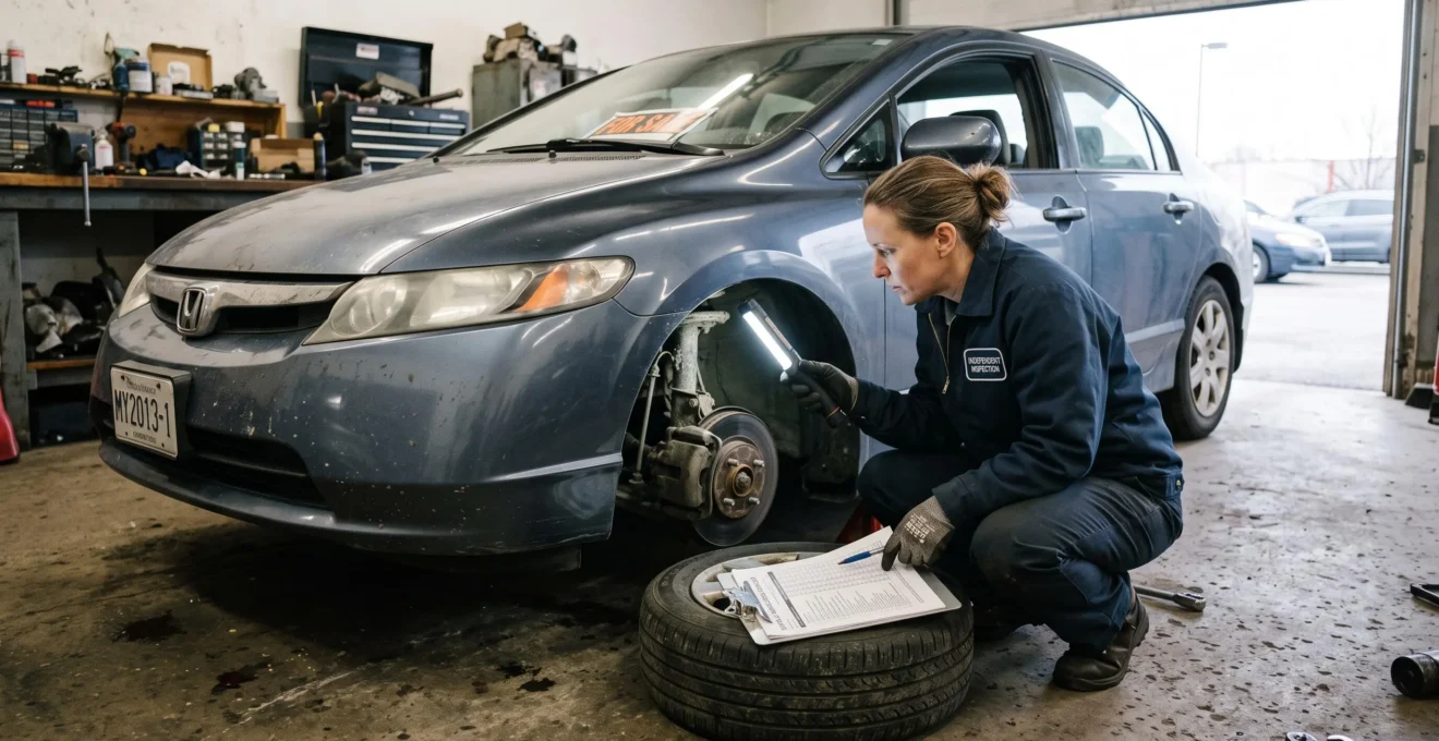 Un inspecteur automobile accroupi examine le dessous et la suspension d'une voiture d'occasion dans un garage, lampe de poche et grille de vérification en main.