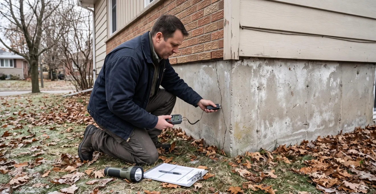 Un inspecteur immobilier examine une fissure dans la fondation d'une maison ancienne à l'aide d'un détecteur d'humidité.