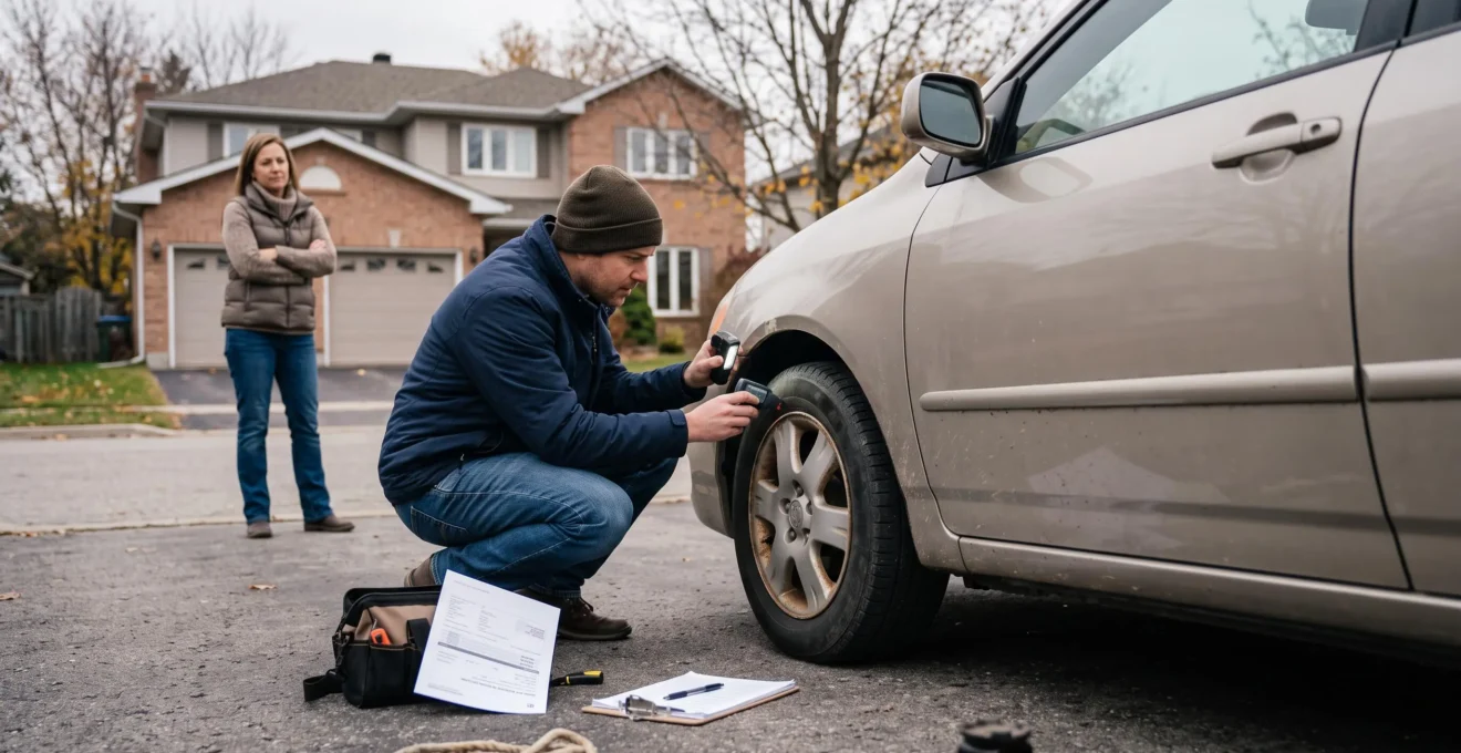 Un acheteur accroupi inspecte la carrosserie et la roue avant d'une voiture d'occasion dans une allée résidentielle canadienne, avec un rapport d'historique et une liste de vérification posés au sol.