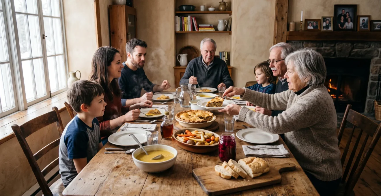 Table rustique dressée pour six personnes avec une tourtière, une soupe aux pois, du pain bannock et des accompagnements régionaux canadiens
