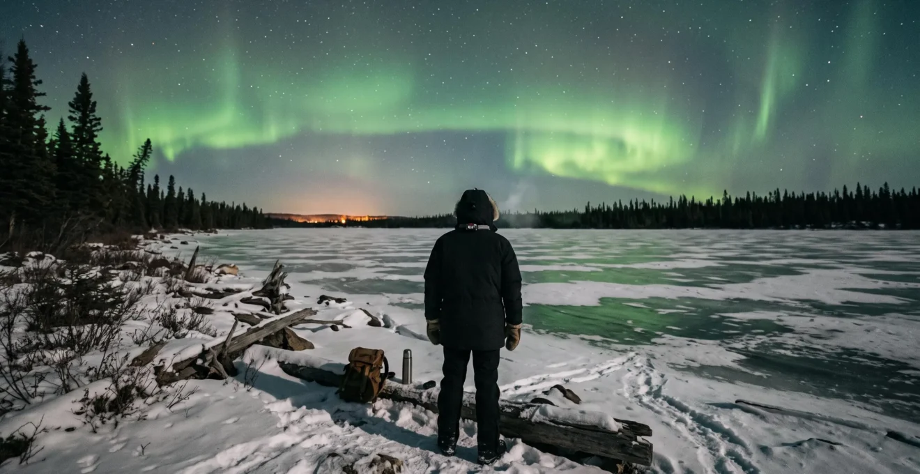 Une personne en parka d'hiver observe une aurore boréale verte au-dessus d'un lac gelé dans le Nord canadien.