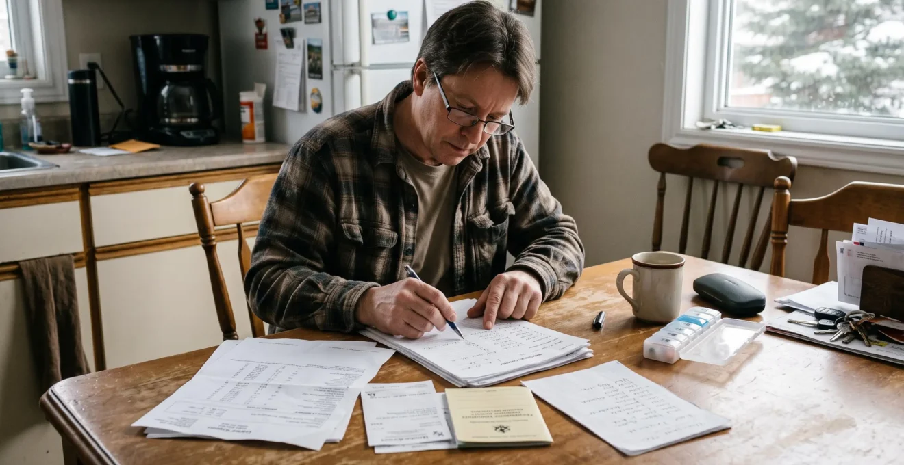 Une personne organise ses documents médicaux, ses résultats d'examens et sa liste de médicaments dans un dossier à sa table de cuisine.