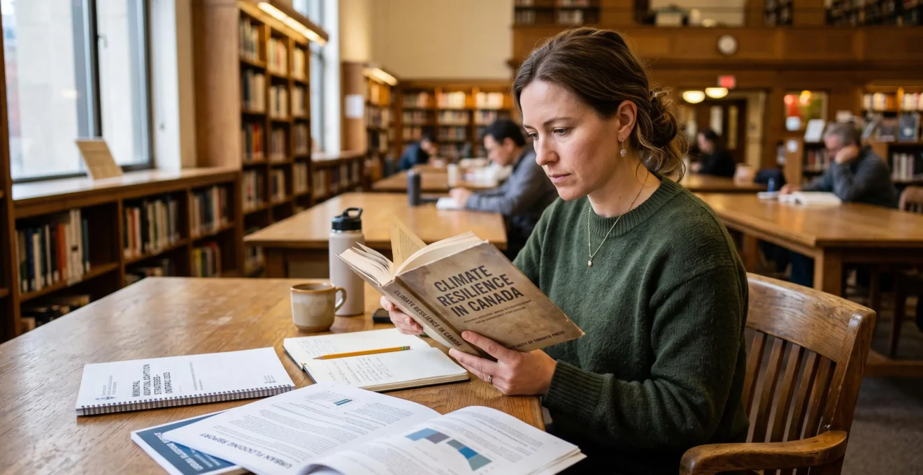 Une personne assise à une table de bibliothèque au Canada lit attentivement un livre et des documents imprimés avec des notes manuscrites à côté.