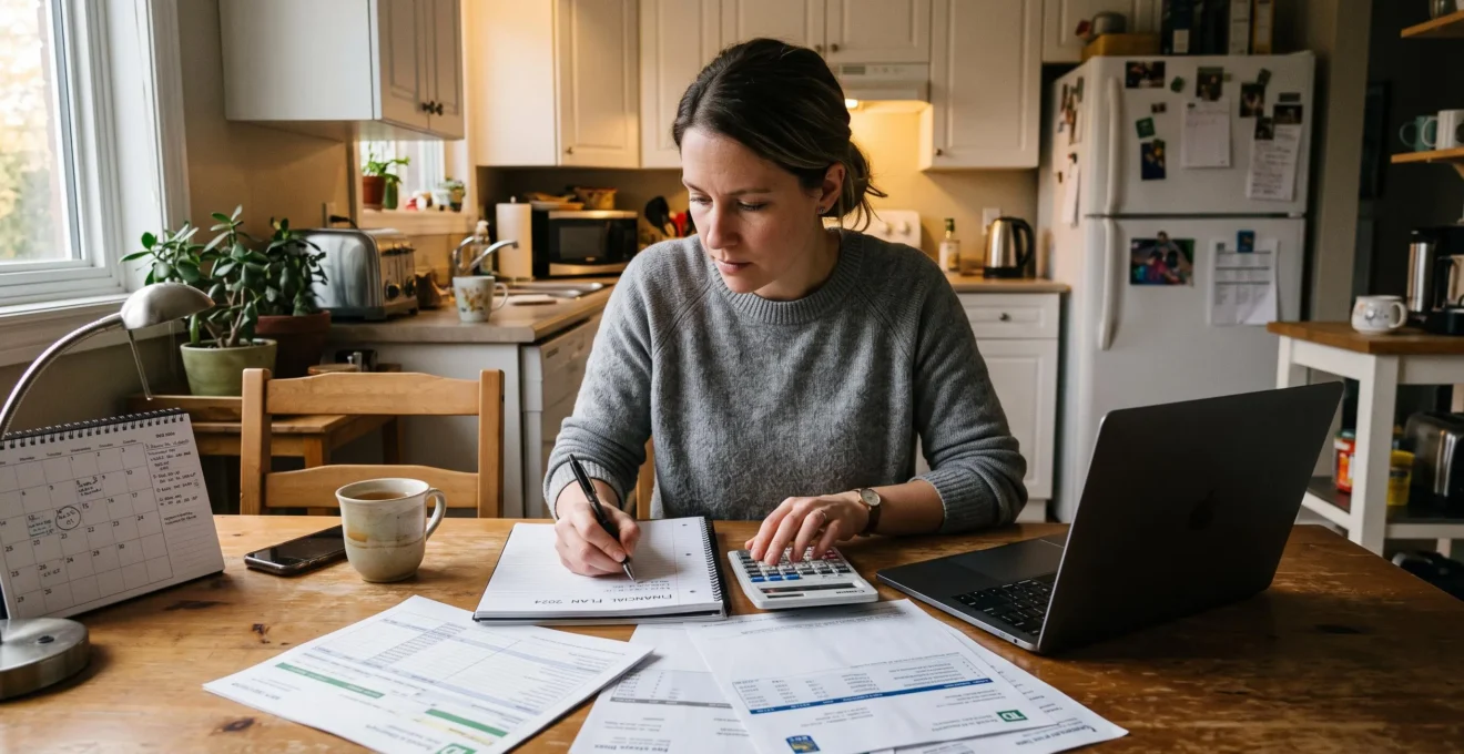 Une femme assise à la table de sa cuisine remplit un carnet et utilise une calculatrice pour établir son plan d'épargne en vue d'un achat immobilier.