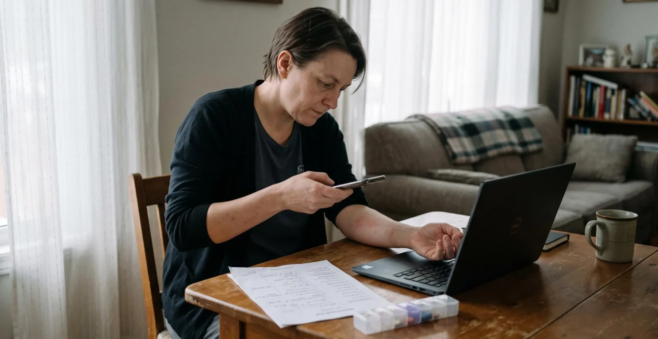 Une personne assise à sa table de cuisine prépare une consultation médicale en ligne avec un ordinateur portable, une liste de médicaments et un téléphone qui photographie une éruption cutanée sur son avant-bras.