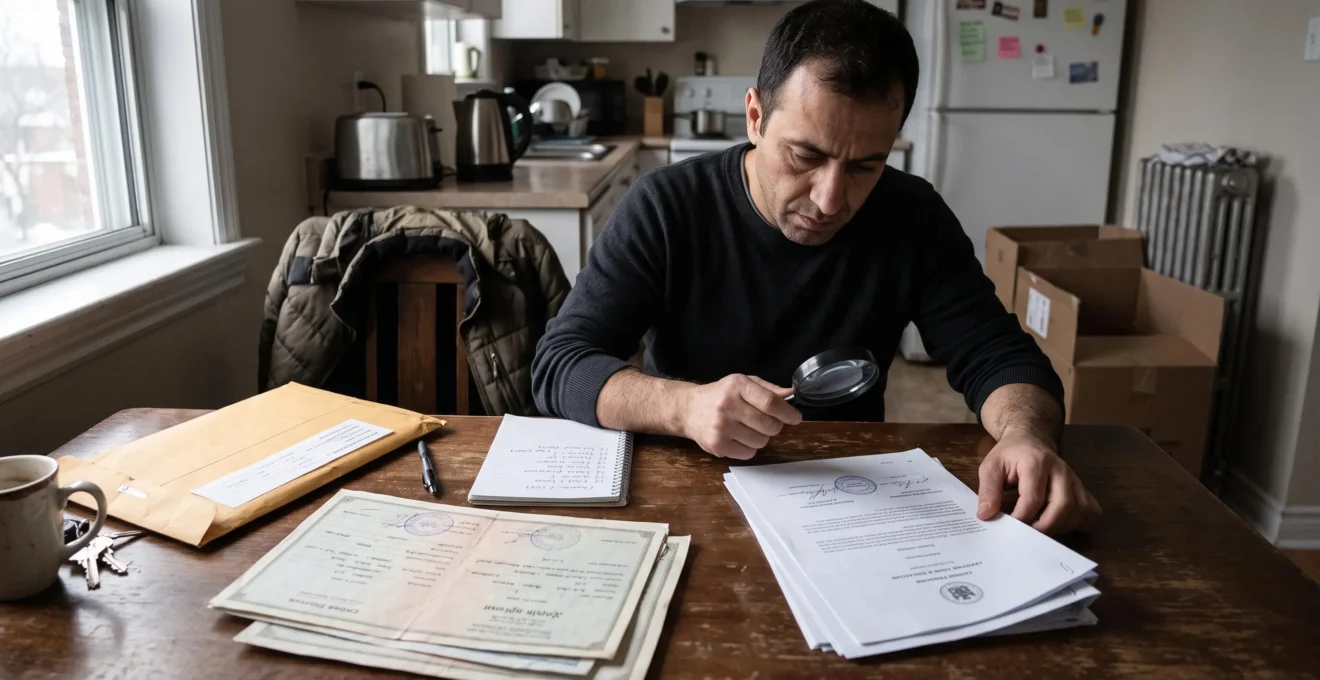 Une personne compare ses diplômes étrangers avec leurs traductions certifiées à une table de cuisine avant une demande de reconnaissance professionnelle.