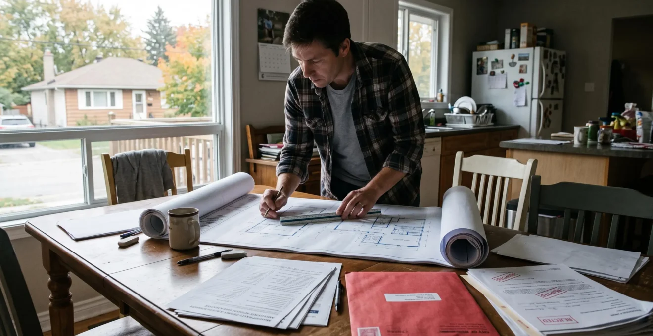Un propriétaire examine des plans d'agrandissement avec une règle d'échelle sur une table, à côté de documents de demande de permis de construire.