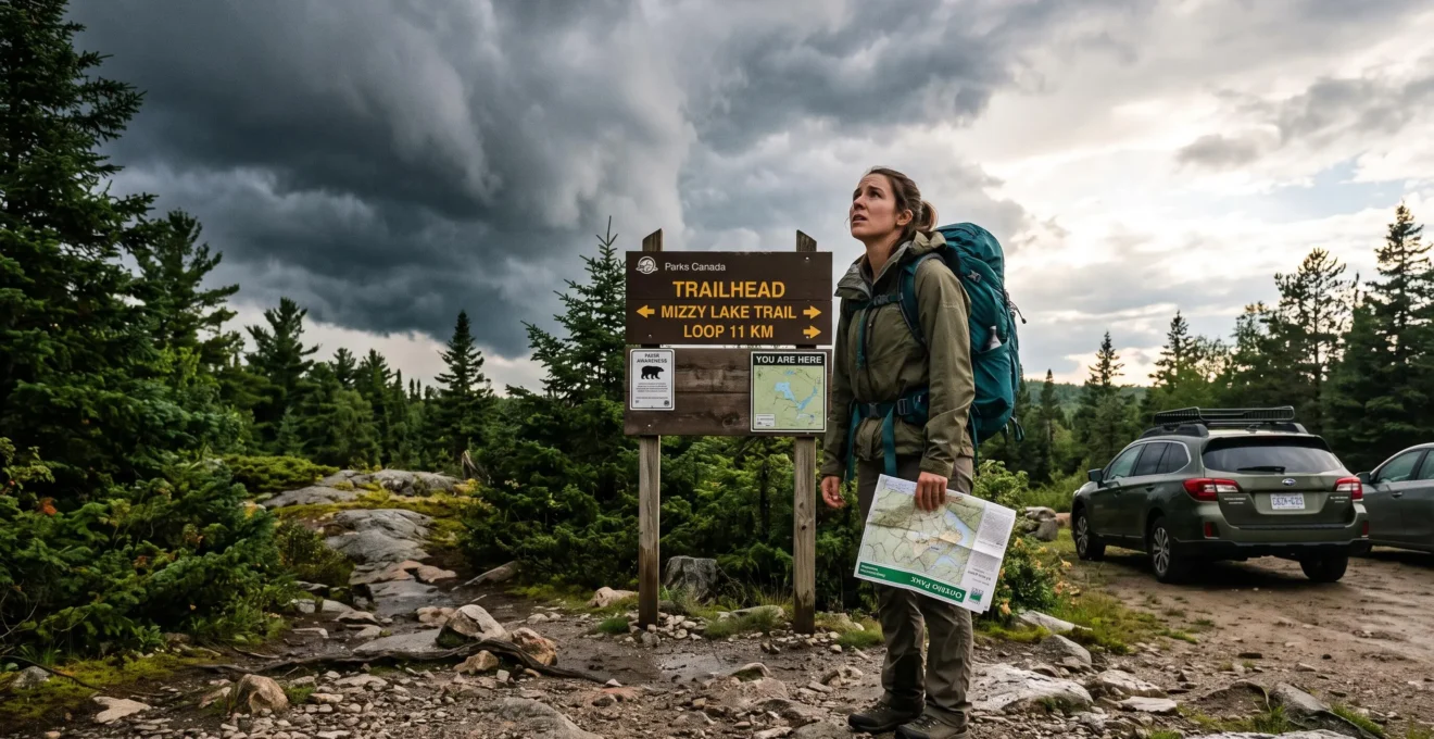 Un randonneur avec un sac à dos consulte une carte au départ d'un sentier canadien tandis que des nuages d'orage se forment au-dessus de la forêt.
