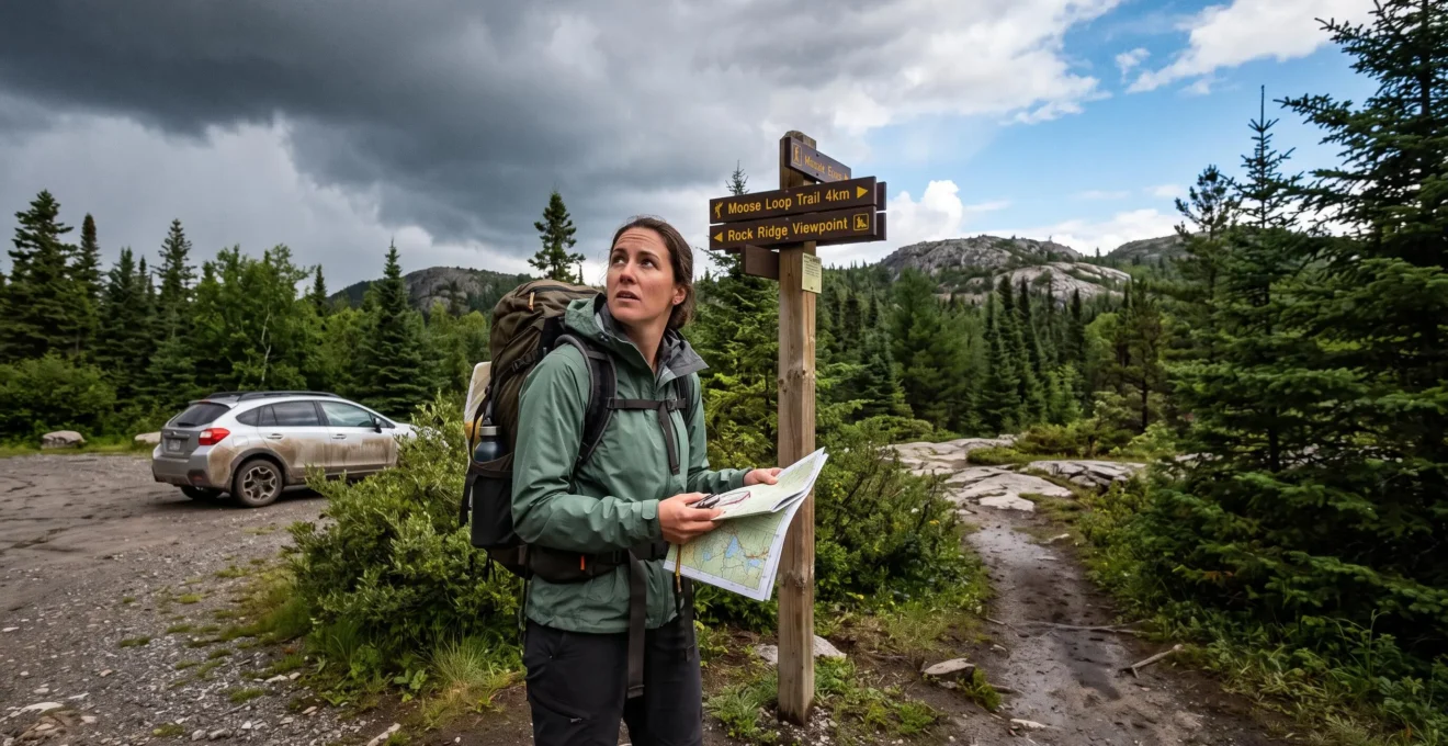 Un randonneur avec un sac à dos consulte une carte au départ d'un sentier canadien tandis que des nuages d'orage se forment au-dessus de la forêt.