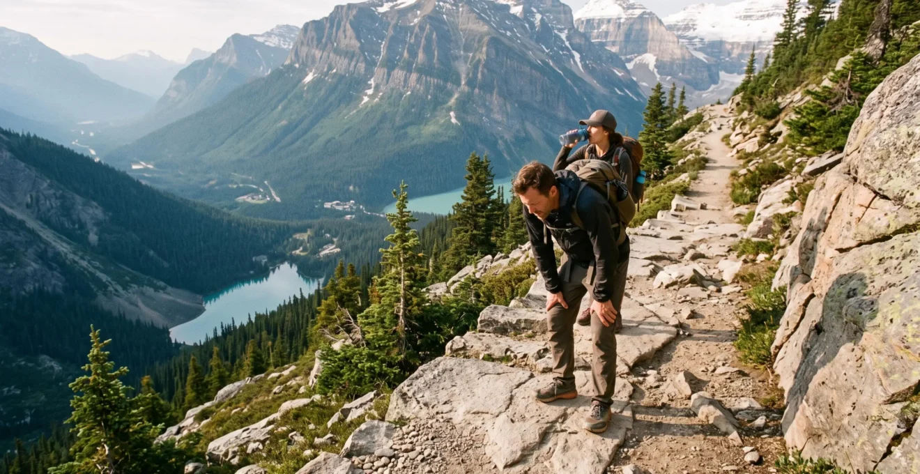 Un randonneur reprend son souffle en montant un sentier alpine au-dessus d'un lac glaciaire des Rocheuses canadiennes.