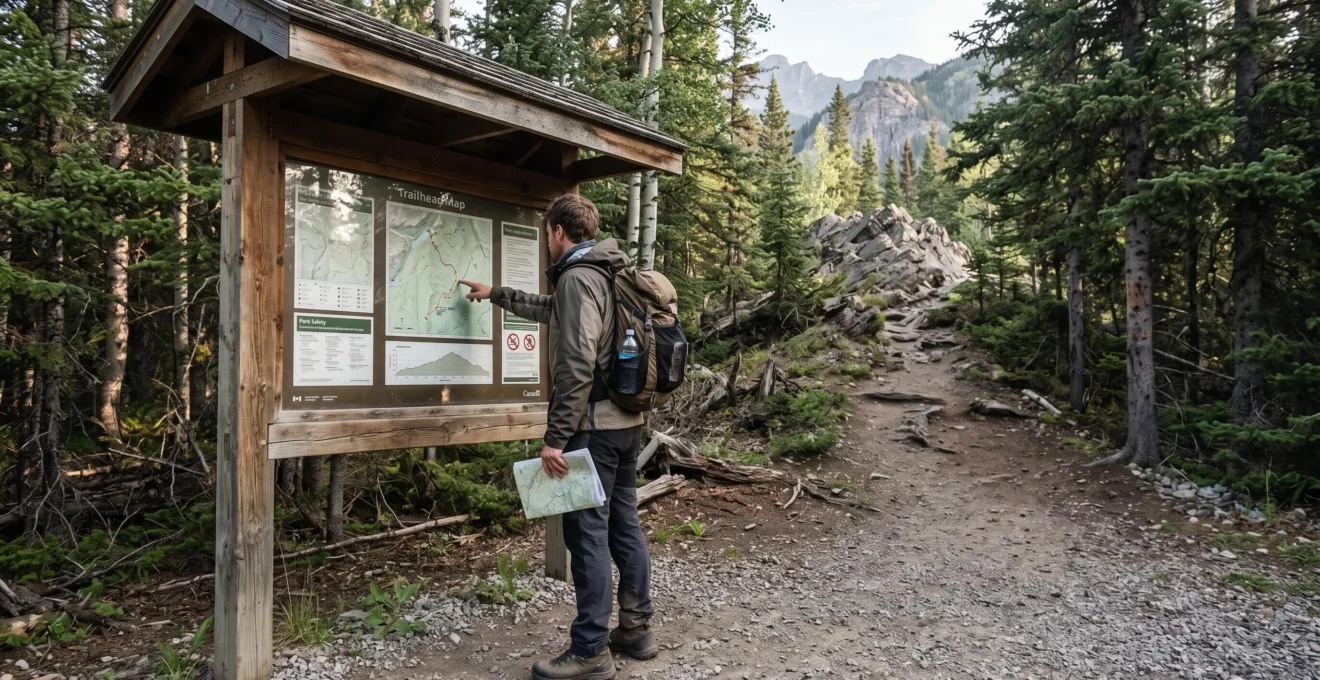 Une randonneuse lit le panneau d'information d'un sentier affichant le profil de dénivelé au départ d'un parc canadien.