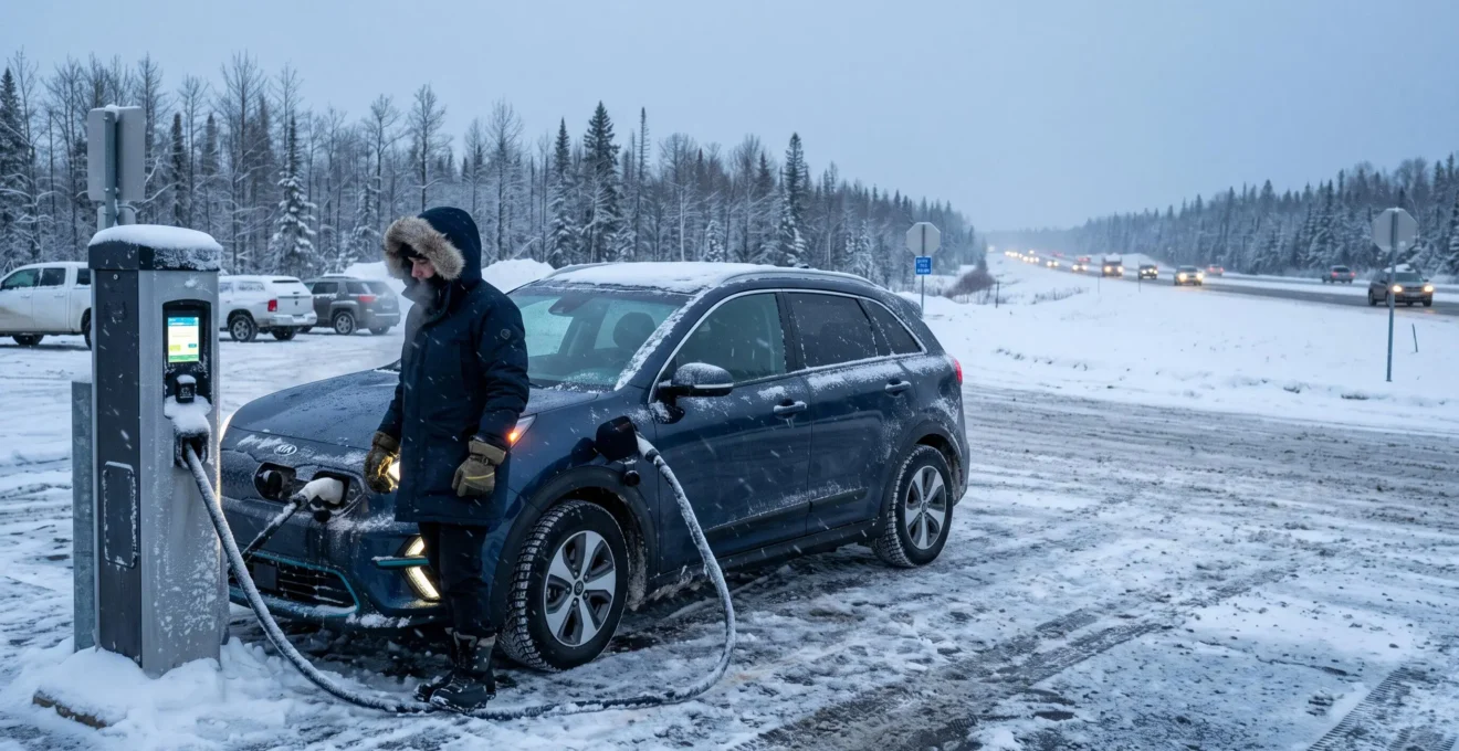 Un automobiliste branche son véhicule électrique sur une borne de recharge rapide enneigée lors d'un trajet hivernal au Canada.