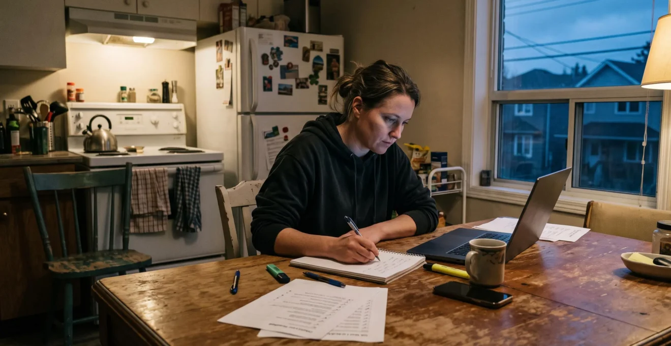 Un adulte travaille à sa table de cuisine, prenant des notes sur un carnet tout en consultant un tableau de suivi de tests sur son ordinateur portable.
