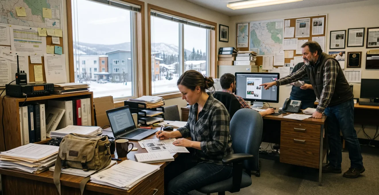 Des journalistes travaillent dans la rédaction d'un journal régional situé dans une communauté du Nord canadien, entourés de documents et d'équipement de travail.