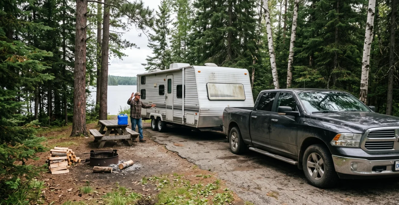 Un homme guide un camionnettes remorquant une roulotte de grande taille qui recule dans un emplacement en gravier d'un camping en bord de lac au Canada.