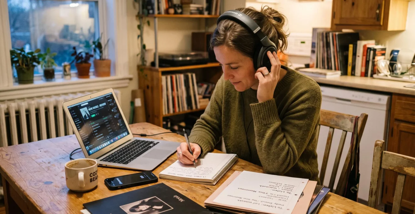 Une personne casque sur les oreilles prend des notes dans un carnet à côté d'un ordinateur portable, lors d'une séance d'écoute organisée à la maison.