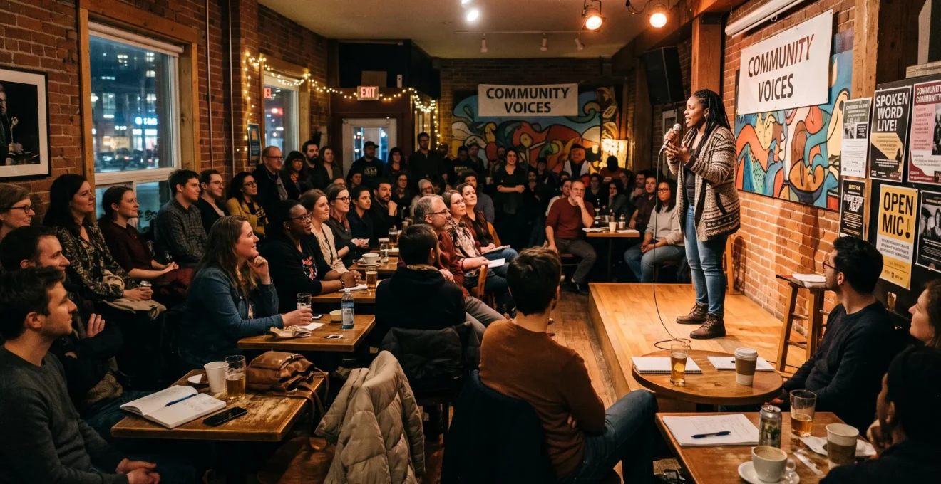 Un poète sur scène tient un micro devant un public assis à des tables de café lors d'une soirée slam dans un petit lieu culturel urbain au Canada.