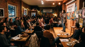 Un poète sur scène tient un micro devant un public assis à des tables de café lors d'une soirée slam dans un petit lieu culturel urbain au Canada.