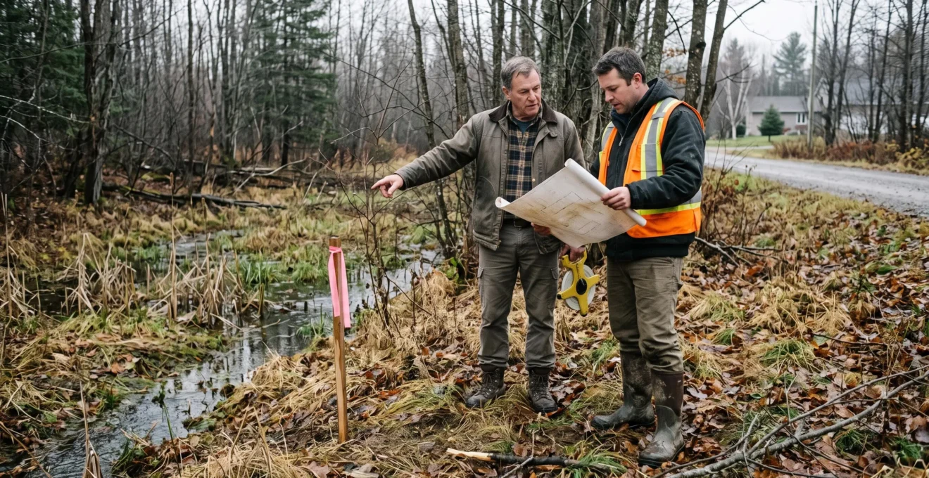 Un propriétaire et un arpenteur examinent un plan d'implantation en bordure d'un cours d'eau sur un terrain boisé au Canada.