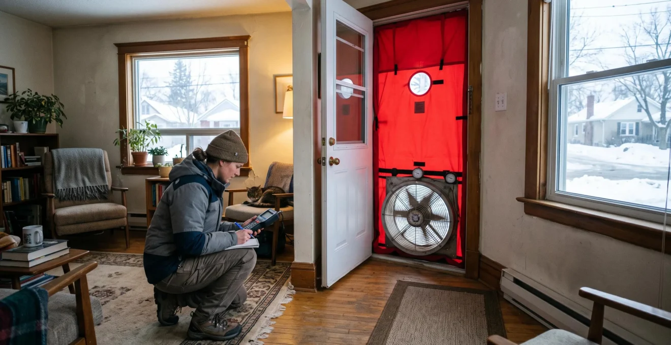 Un conseiller en efficacité énergétique effectue un test d'infiltrométrie avec une porte soufflante dans le salon d'une maison canadienne en hiver.