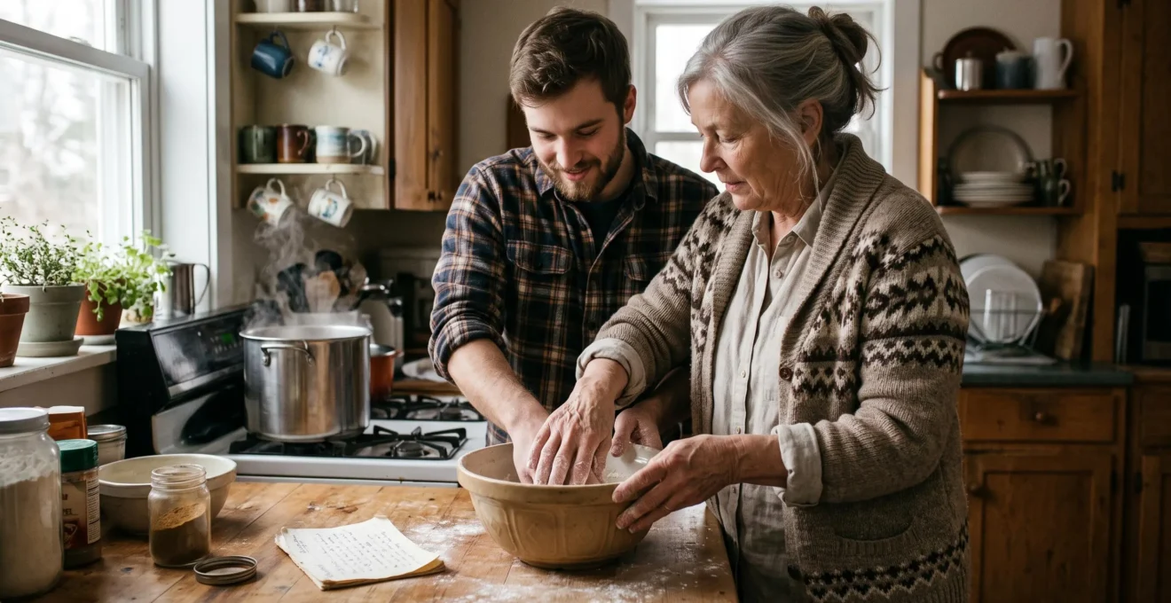 Une grand-mère montre à son petit-fils comment préparer une recette traditionnelle familiale dans une cuisine au Canada.