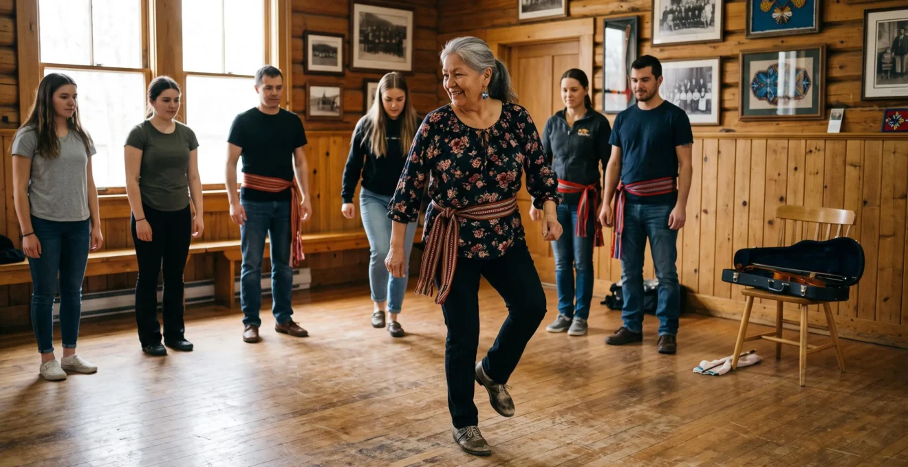 Une aînée métisse montre les pas du gigue à un petit groupe de participants dans un centre culturel communautaire.