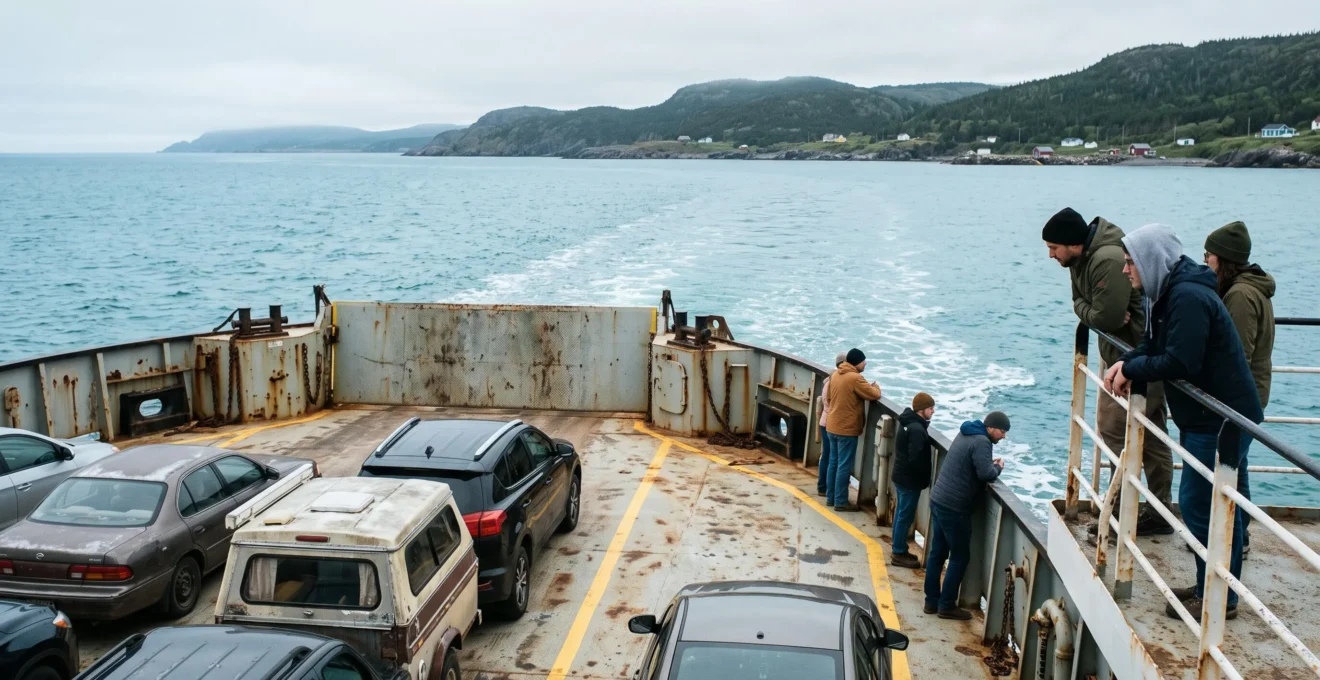Traversier transportant des voitures sur son pont ouvert alors qu'il navigue vers une côte rocheuse atlantique sous une lumière voilée.