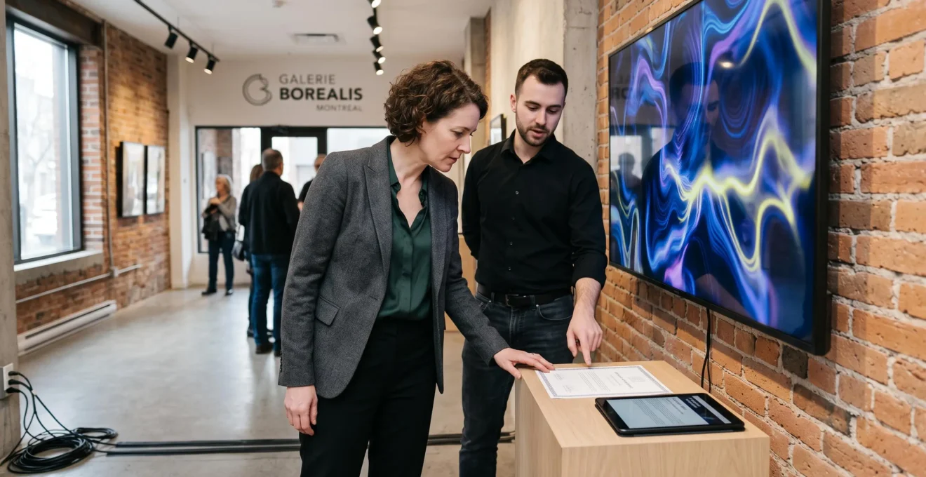 Une collectionneuse examine une œuvre d'art numérique affichée sur grand écran dans une galerie montréalaise, pendant qu'une médiatrice lui présente un certificat d'authenticité.