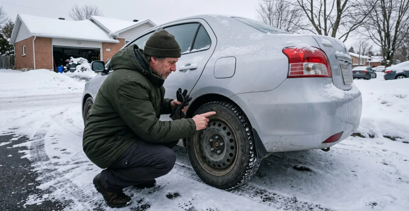 Un automobiliste accroupi à côté d'une voiture stationnée dans une entrée enneigée examine le pictogramme flocon de neige moulé sur le flanc d'un pneu d'hiver.